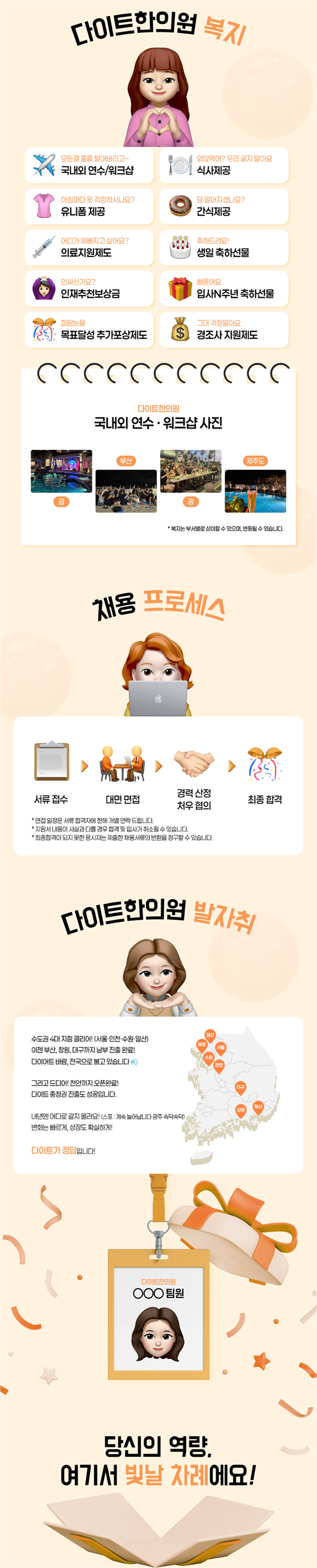 다이트 한의원 복지, 채용 프로세스, 다이트한의원 발자취, 당신의 역량, 여기서 빛날 차례에요!
